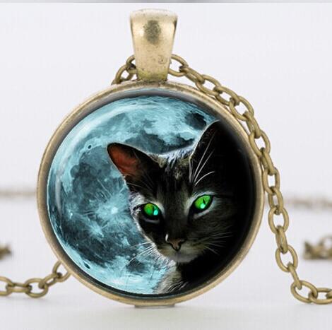 Blue Moon Black Cat Glass Necklace for women